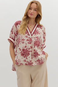 Azaya- Burgundy botanical print oversized dolman sleeve top