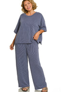 Curvy size- Denim Blue ribbed wide leg two piece set