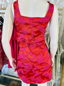LETA- Red/ dark fuchsia jacquard detachable back bow mini dress