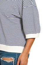 Load image into Gallery viewer, Navy quarter sleeve STRIPE CONTRAST TRIM RIB BANDED TOP
