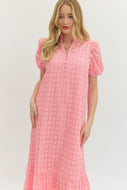 ENTRO- Pink Eyelet short puff sleeve midi dress