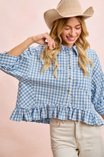 Load image into Gallery viewer, GINGHAM CHECK WOVEN RUFFLED HEM BUTTON UP SHIRT

