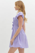 Load image into Gallery viewer, ZAIRA- Solid textured lavender  bubble sleeve fit and flare dress with bow details
