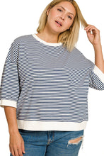 Load image into Gallery viewer, Navy quarter sleeve STRIPE CONTRAST TRIM RIB BANDED TOP
