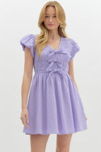 Load image into Gallery viewer, ZAIRA- Solid textured lavender  bubble sleeve fit and flare dress with bow details
