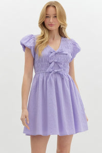 ZAIRA- Solid textured lavender  bubble sleeve fit and flare dress with bow details