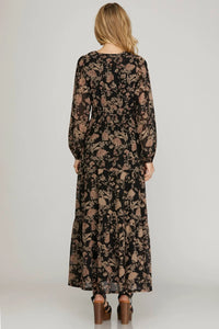 Natalie- Long Sleeve Black woven Floral Print Maxi dress