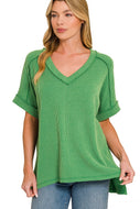 Basic ribbed DkGreen V-neck casual top