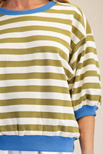 Load image into Gallery viewer, Olive- Round Neck Bubble Sleeve striped contrast hem Sweatshirt
