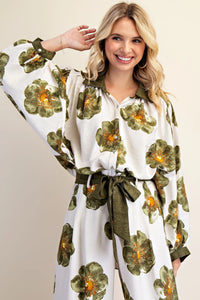 Dalia- Olive Large Floral Print wide leg button down top