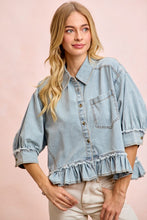 Load image into Gallery viewer, Light wash denim ruffled hem button up
