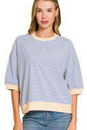Cornflower blue/ Buttery yellow  striped quarter sleeve top