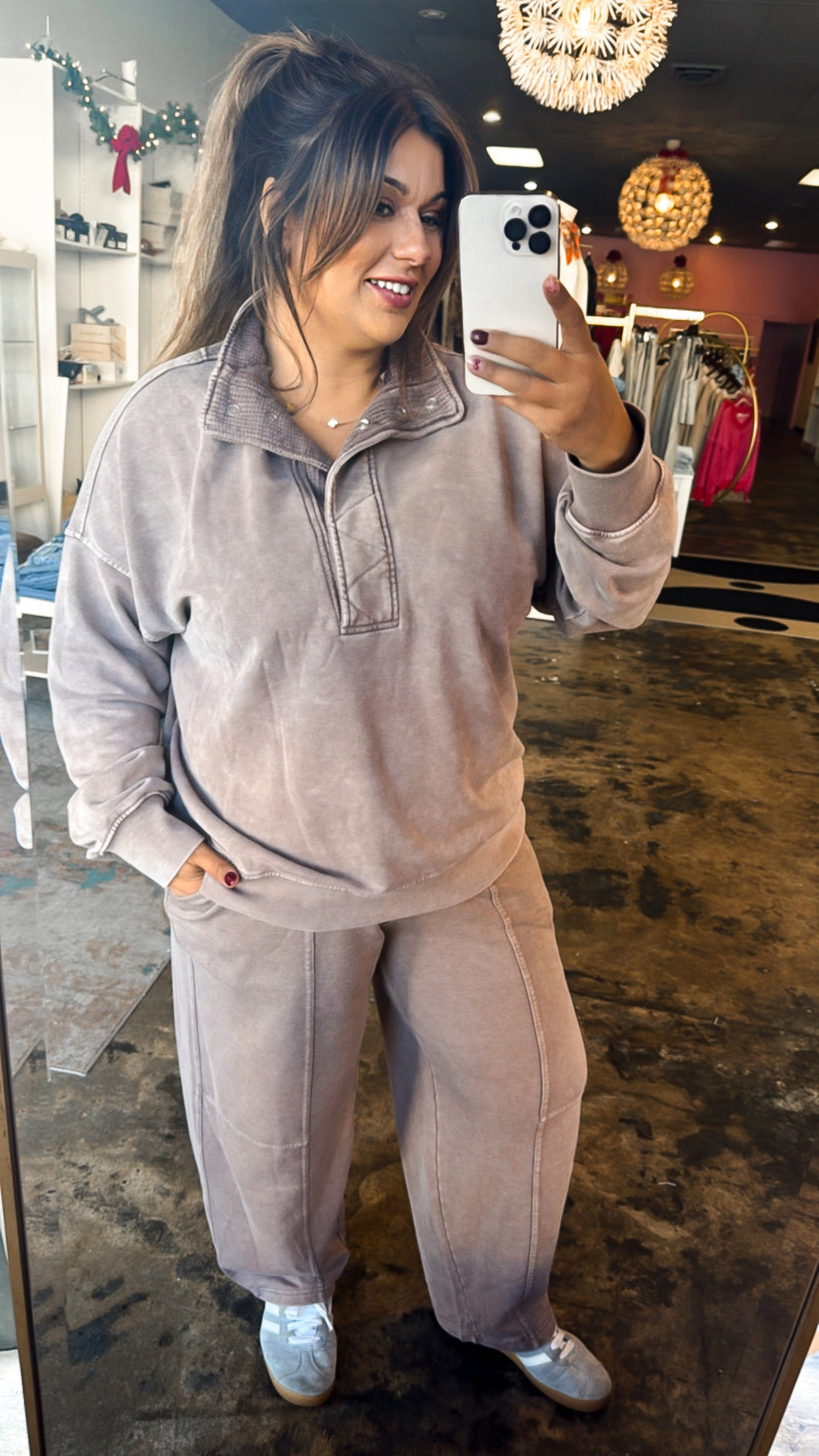 Two piece mineral washed mocha barrel sweatpants and collar sweatshirt  set