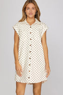 Mini polka dot white/black denim button down dress