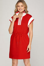 Load image into Gallery viewer, She &amp; Sky Red Drawstring Waist casual half zip dress

