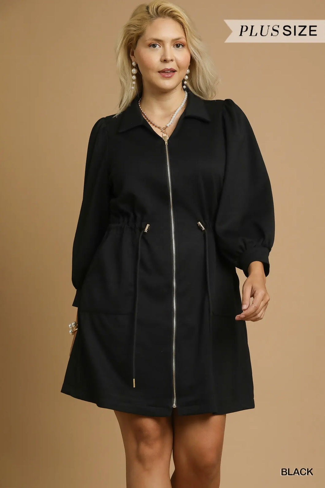 Plus TONYA- Black Luxeknit Zip-Up Mini Dress with Drawstring Waist
