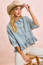 Load image into Gallery viewer, Light wash denim ruffled hem button up
