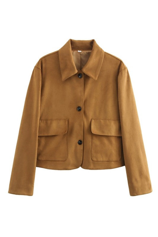 Cropped Camel Suede collared jacket