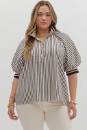 Plus Belle- Black Stripe pattern half-zip closure short puff sleeve top