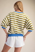 Load image into Gallery viewer, Olive- Round Neck Bubble Sleeve striped contrast hem Sweatshirt
