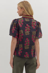 Botanical Garden- Floral print short bubble sleeve top