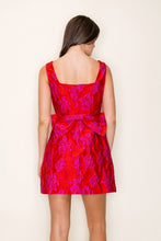Load image into Gallery viewer, LETA- Red/ dark fuchsia jacquard detachable back bow mini dress

