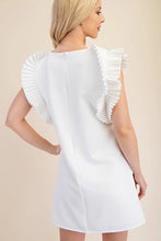 Load image into Gallery viewer, ANNA- White pleated shoulder fully lined mini dress
