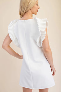 ANNA- White pleated shoulder fully lined mini dress