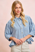 Load image into Gallery viewer, GINGHAM CHECK WOVEN RUFFLED HEM BUTTON UP SHIRT
