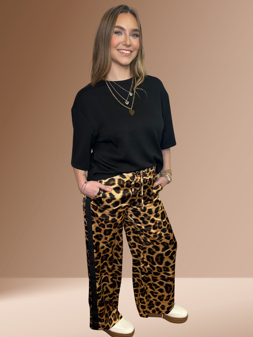 LEO- Leopard silk black side stripe pants