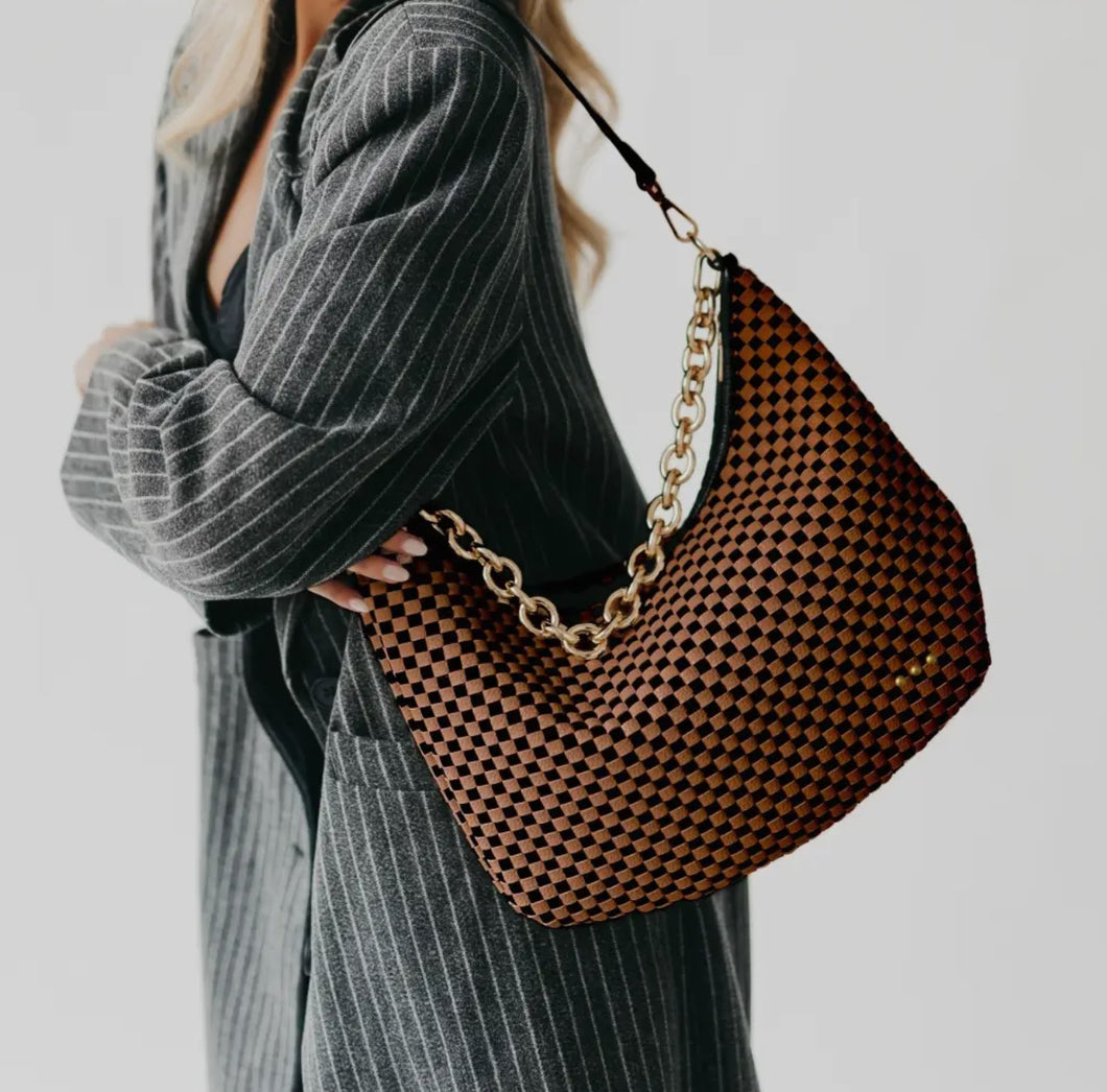 Pretty Simple- Sienna checkered Coffee Slouchy woven shoulder bag with gold hardware- 3 sisters collection
