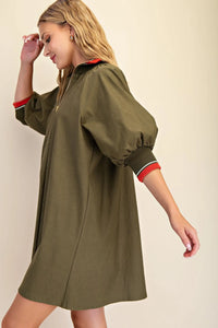 Soho- Olive/rust High collared mock neck quarter zip dress with pockets