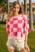 Load image into Gallery viewer, MARLO- Fuchsia/Pink Check pattern short puff sleeve sweater top
