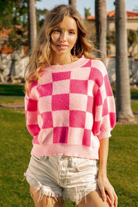 MARLO- Fuchsia/Pink Check pattern short puff sleeve sweater top