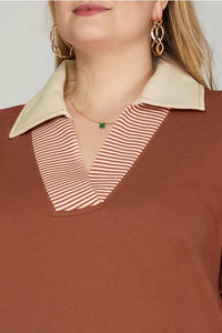 PLUS TYRA - Cinnamon COLOR BLOCK SLEEVE V NECK FRENCH TERRY SWEATSHIRT