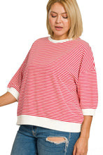 Load image into Gallery viewer, Ruby Red quarter sleeve STRIPED CONTRAST TRIM RIB BANDED TOP
