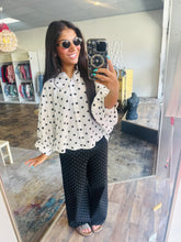 Load image into Gallery viewer, Relaxed fit black and white polka dot button up top
