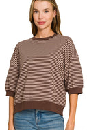 Chocolate/ ash mocha striped quarter sleeve top