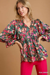 Plus Guadalupe  -teal paisley print top