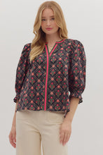 Load image into Gallery viewer, Black  Botanical print contrast detail ruffle cuff top
