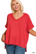 Plus Basic ribbed ruby red  V-neck casual top