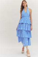 Load image into Gallery viewer, ENTRO- Blue Polka dot halter tiered maxi dress
