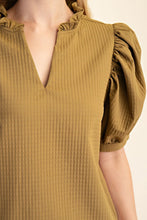 Load image into Gallery viewer, Light olive Puff Sleeve Ruffle V-Neck Textured Top

