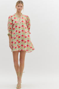 GLORY- Floral print elasticated ¾ sleeve pullover mini swing dress