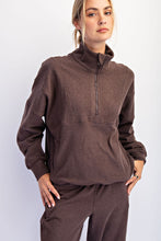 Load image into Gallery viewer, Espresso Ribbed luxury Ribbed cocoon quarter zip top
