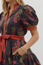 Load image into Gallery viewer, Floral Elegance- Black Floral pattern contrast hem button down dress
