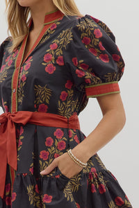 Floral Elegance- Black Floral pattern contrast hem button down dress