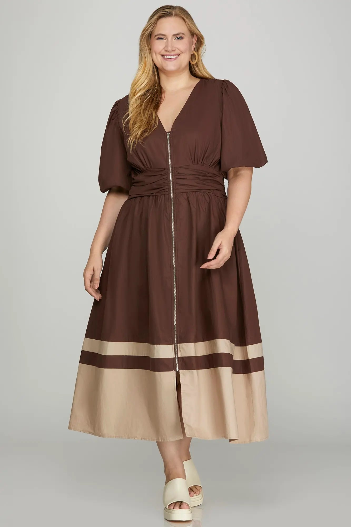 Plus Elen- Brown BUBBLE SLEEVE FRONT ZIP COLOR BLOCK MIDI DRESS WITH S – Shop Meli's Boutique