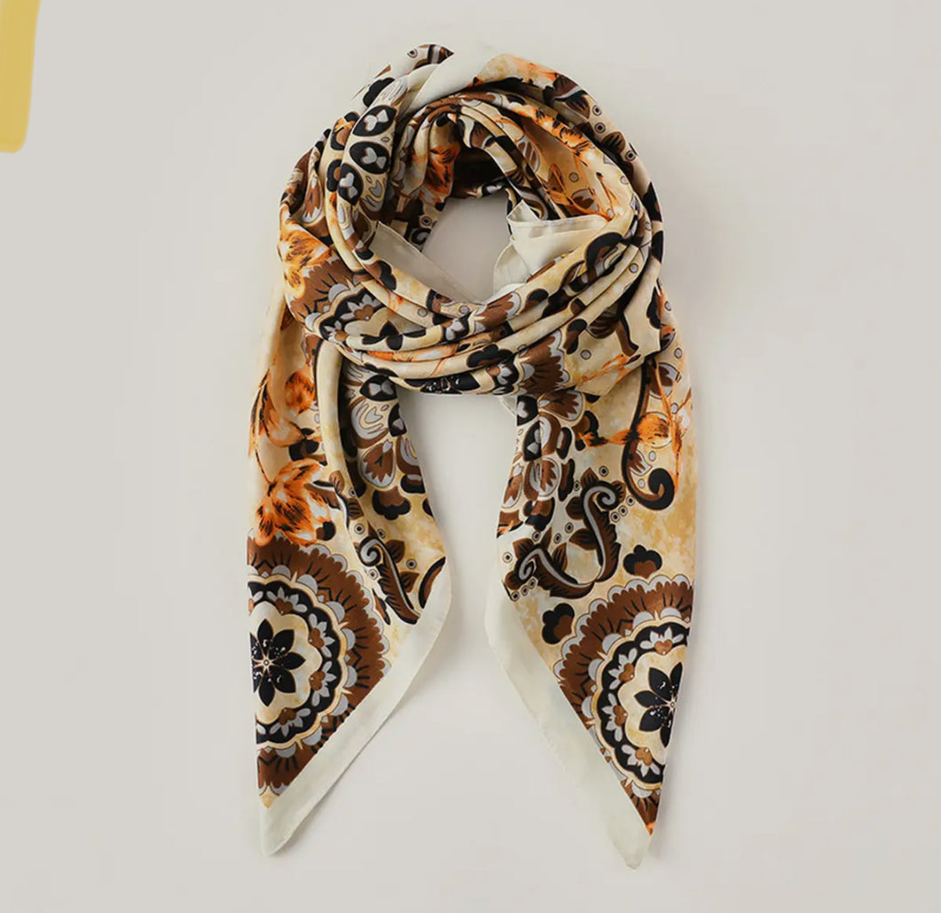 Flower Print Small Neck Silk Scarf yellow Square