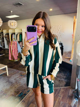 Load image into Gallery viewer, Green/ CreamVertical striped crop rugby top and shorts set
